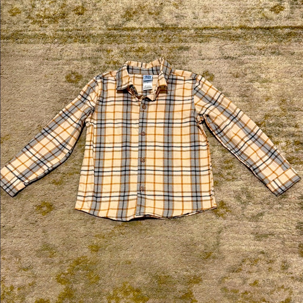 NWOT Little Lad Toddler Boy Cream, Tan, & Blue Plaid Button Down Shirt 4T